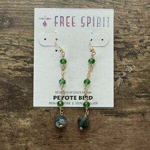 Peyote Bird Free Spirit Earrings Green Jade Beaded Gold Tone Dangly Boho Glam 2"